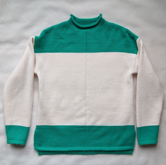 Soft Cashmere Blend Women's Sweater Colorblock Mock Neck Green Cream Knit Size S - Picture 6 of 16